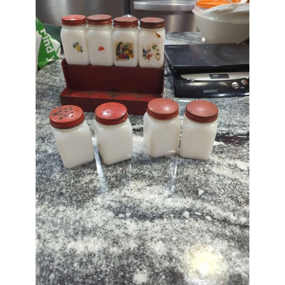 Vintage McKee Cornucopia Milk Glass Jar Spice Set With Rack